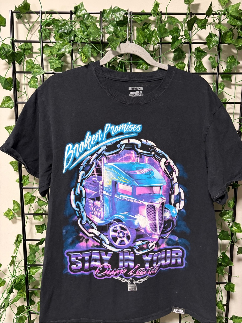 Hot Wheels Broken Promises Graphic Truck Tee - Black with Neon Blue & Purple